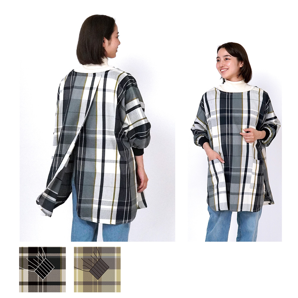 ヒュージチェック 花びらリブ袖かっぽうぎ