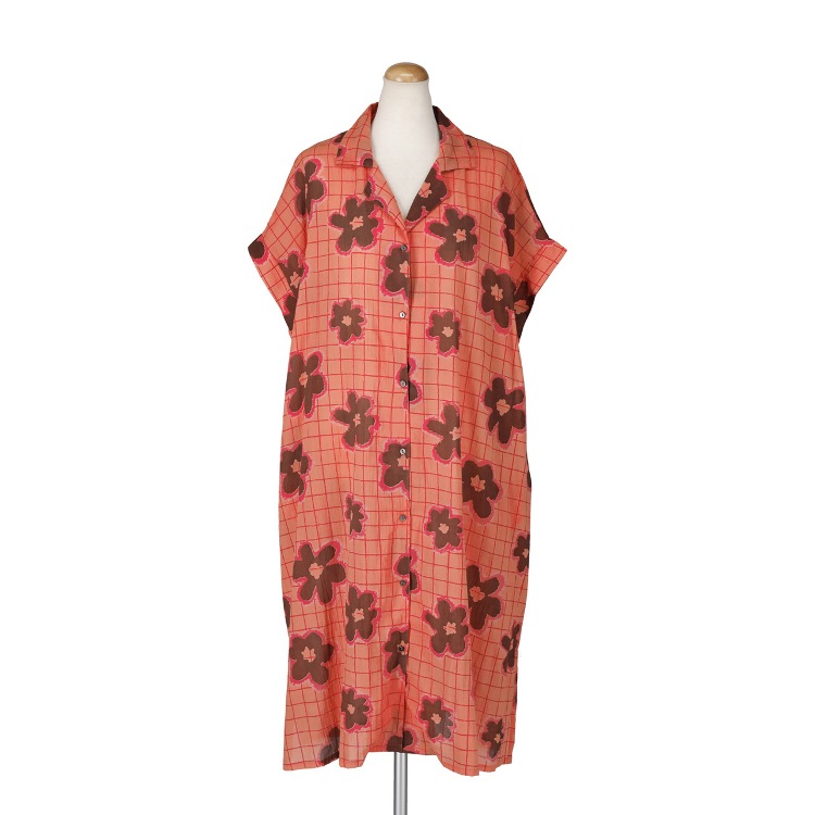 グリッドフラワー　半袖前開きワンピース