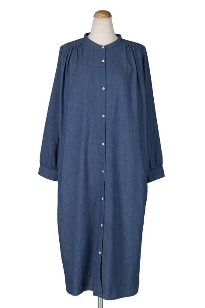 ソフトデニム　前開きギャザーワンピース
